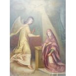 Greek School c.1900, oil on wooden panel, 'The Annunciation', inscribed in Greek, 44 x 31.5cm