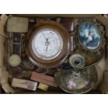 A quantity of mixed collectibles including a barometer, postage scales, tortoiseshell sewing kit