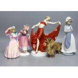 Four mixed figurines and a model of a dog, to include a Royal Doulton figure ‘Miss Demure’ (5)