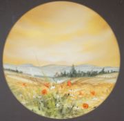 G. Spence, oil on paper, Poppies in a landscape, signed, tondo 38cm