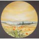 G. Spence, oil on paper, Poppies in a landscape, signed, tondo 38cm