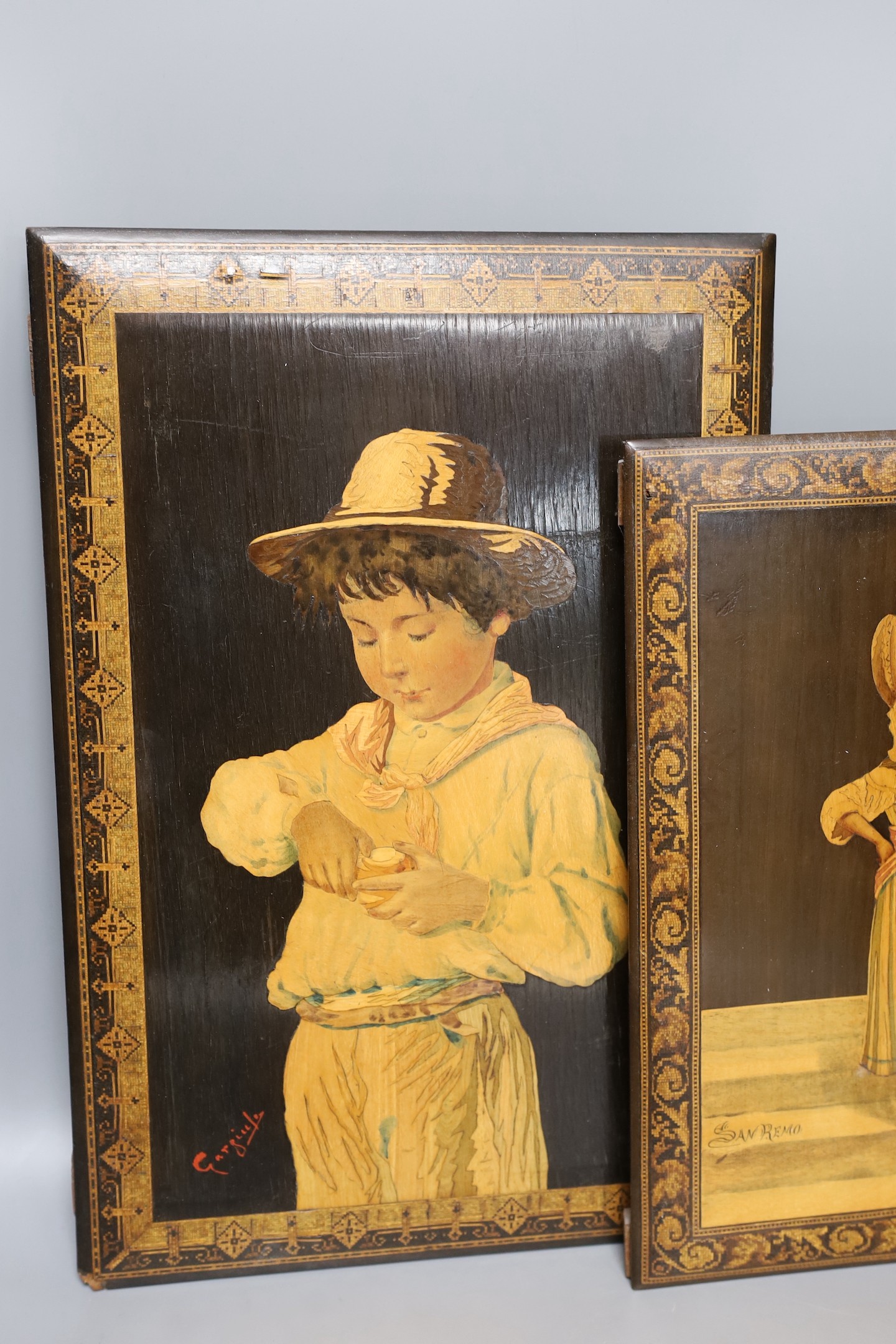 Two 19th century Sorento marquetry panels, both signed, San Remo and Gargiule, largest 38x26cm - Image 3 of 6