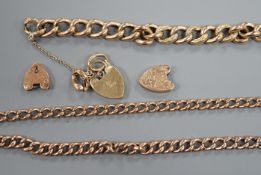 Three yellow metal curblink bracelets, one stamped 9ct gold (all a.f.),gross 42.1 grams.
