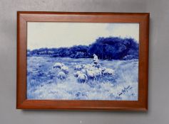 A.Maude, framed blue and white panel, 14x20cm