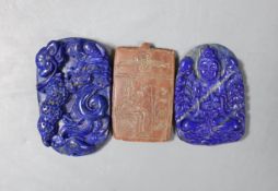 Two lapis lazuli pendants and an Egyptian carving