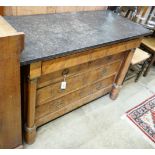 A 19th century French Empire style marble top walnut commode, width 130cm, depth 58cm, height 89cm