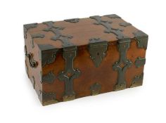 A mid 19th century brass bound stained pine North German Armada chest, with strapwork banding and