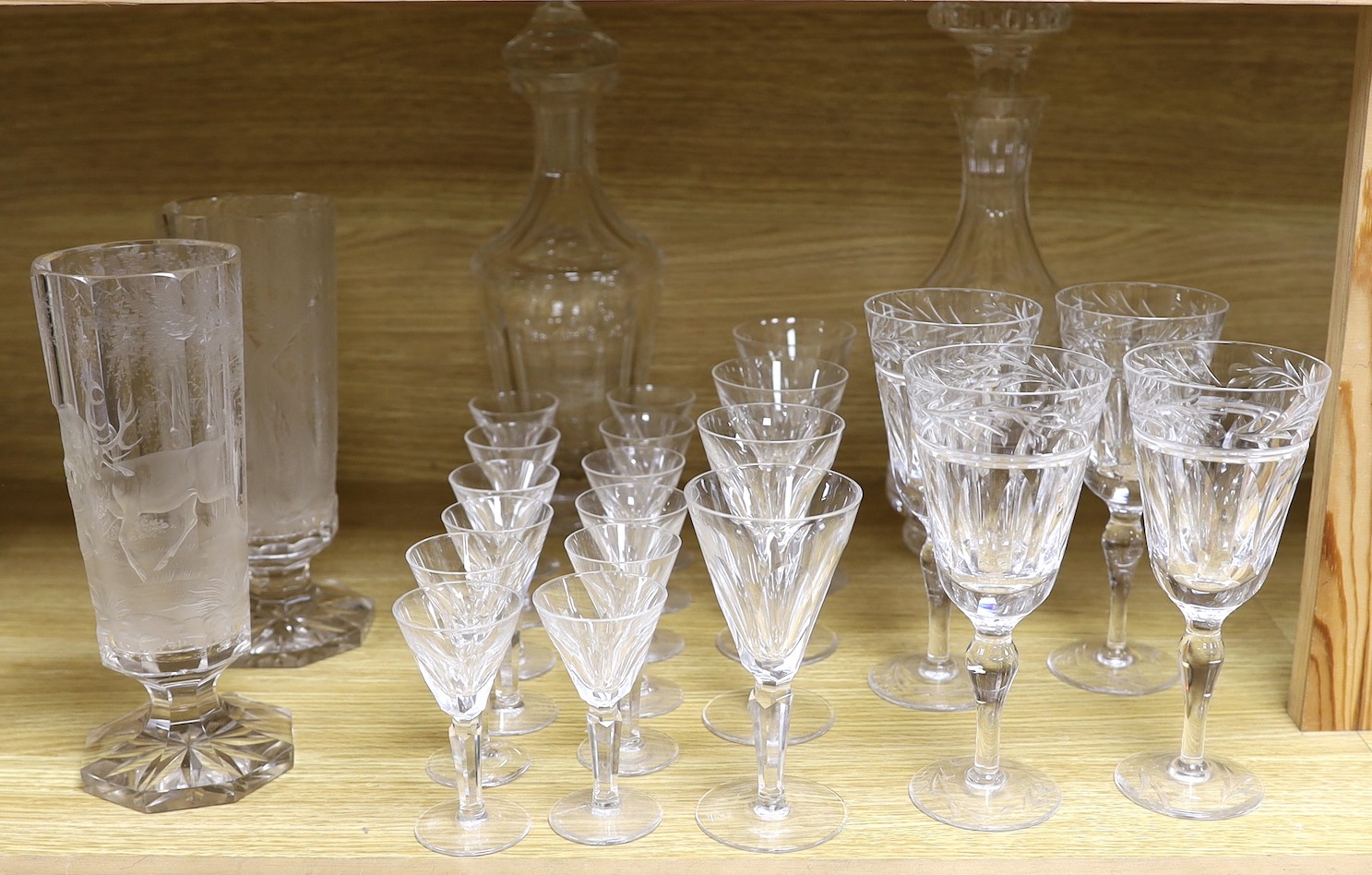 Waterford Sheila pattern decanter, twelve liqueurs and four wine glasses, a pair of Bohemian wheel