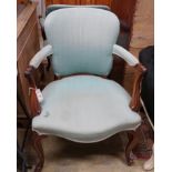 A pair of French Hepplewhite style mahogany open elbow chairs, width 65cm, depth 52cm, height 88cm