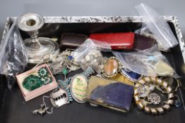 Mixed costume jewellery and other items including silver charm bracelet and silver and enamel baby
