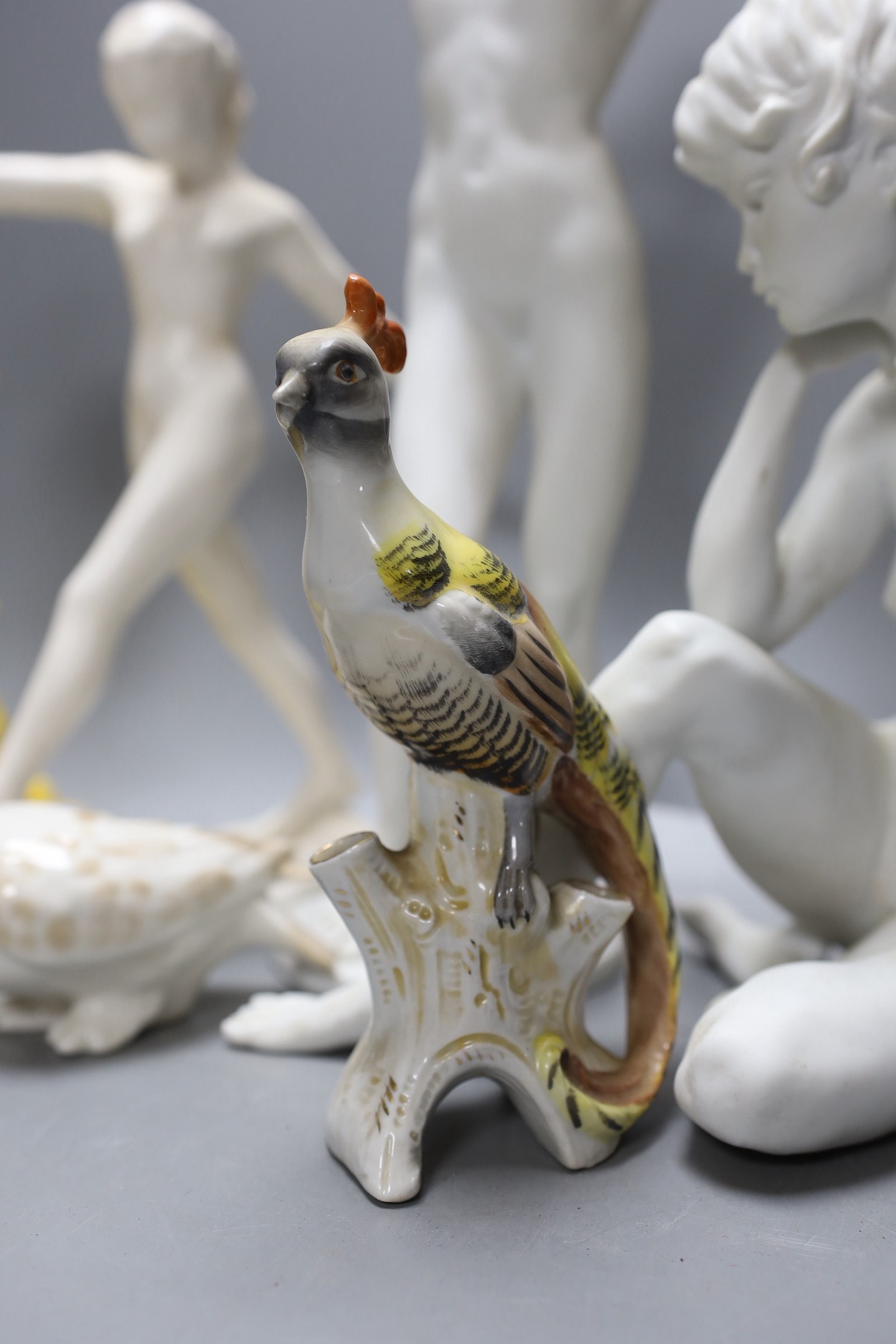 Two Kaiser porcelain figures, a Goebel figure, a pair of yellow glazed candlesticks with frogs and - Image 3 of 5