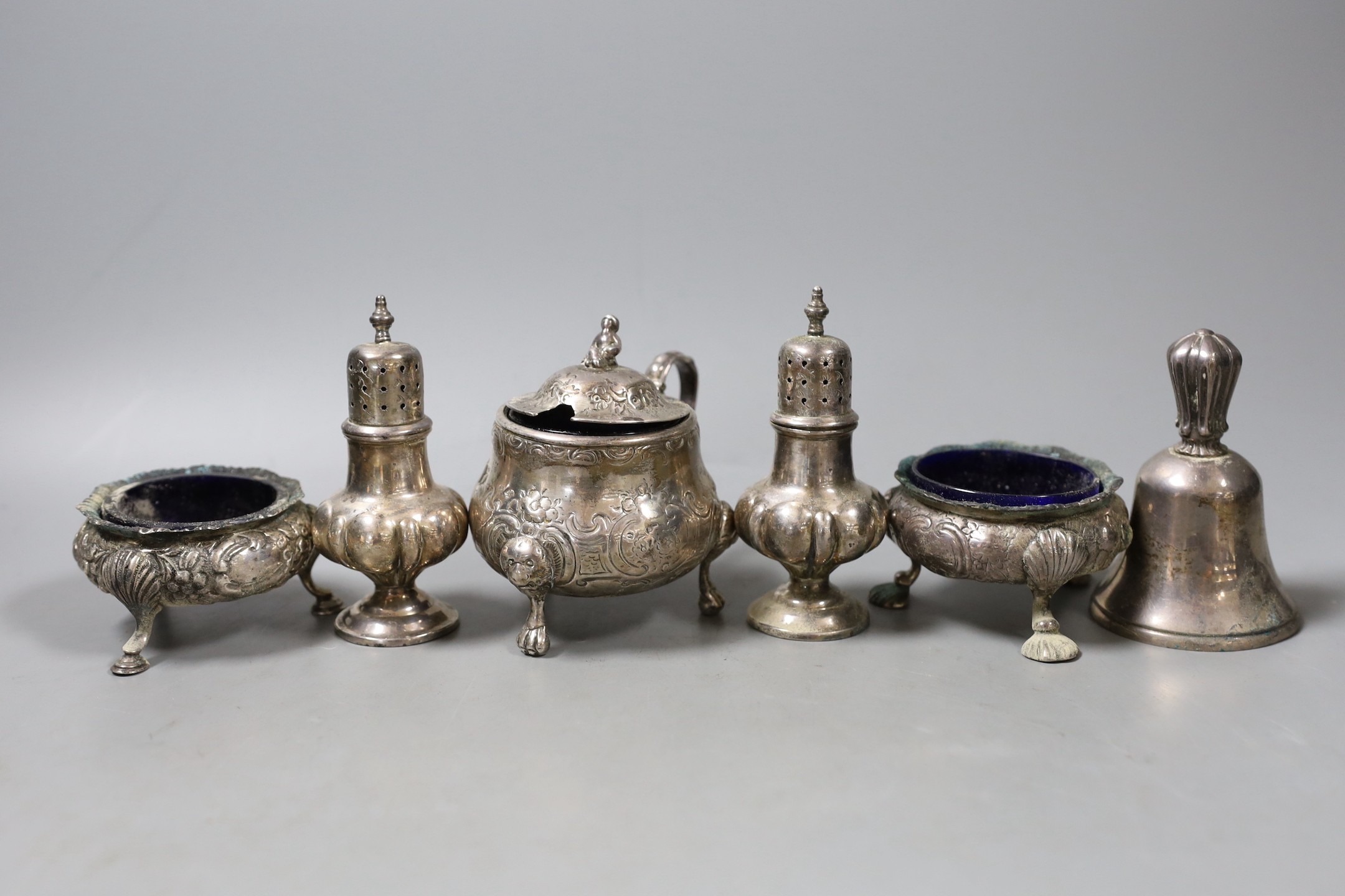 A modern silver hand bell and five assorted silver condiments including three 19th century. - Image 2 of 2