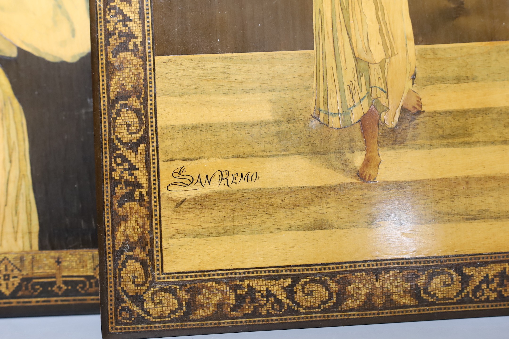 Two 19th century Sorento marquetry panels, both signed, San Remo and Gargiule, largest 38x26cm - Image 4 of 6