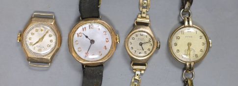 Four lady's assorted yellow metal manual wind wrist watches, including Cyma and Avia, two stamped
