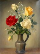 James Noble (1919-1989), oil on canvas, Roses in a pewter jug, signed, Stacy Marks label verso, 40 x