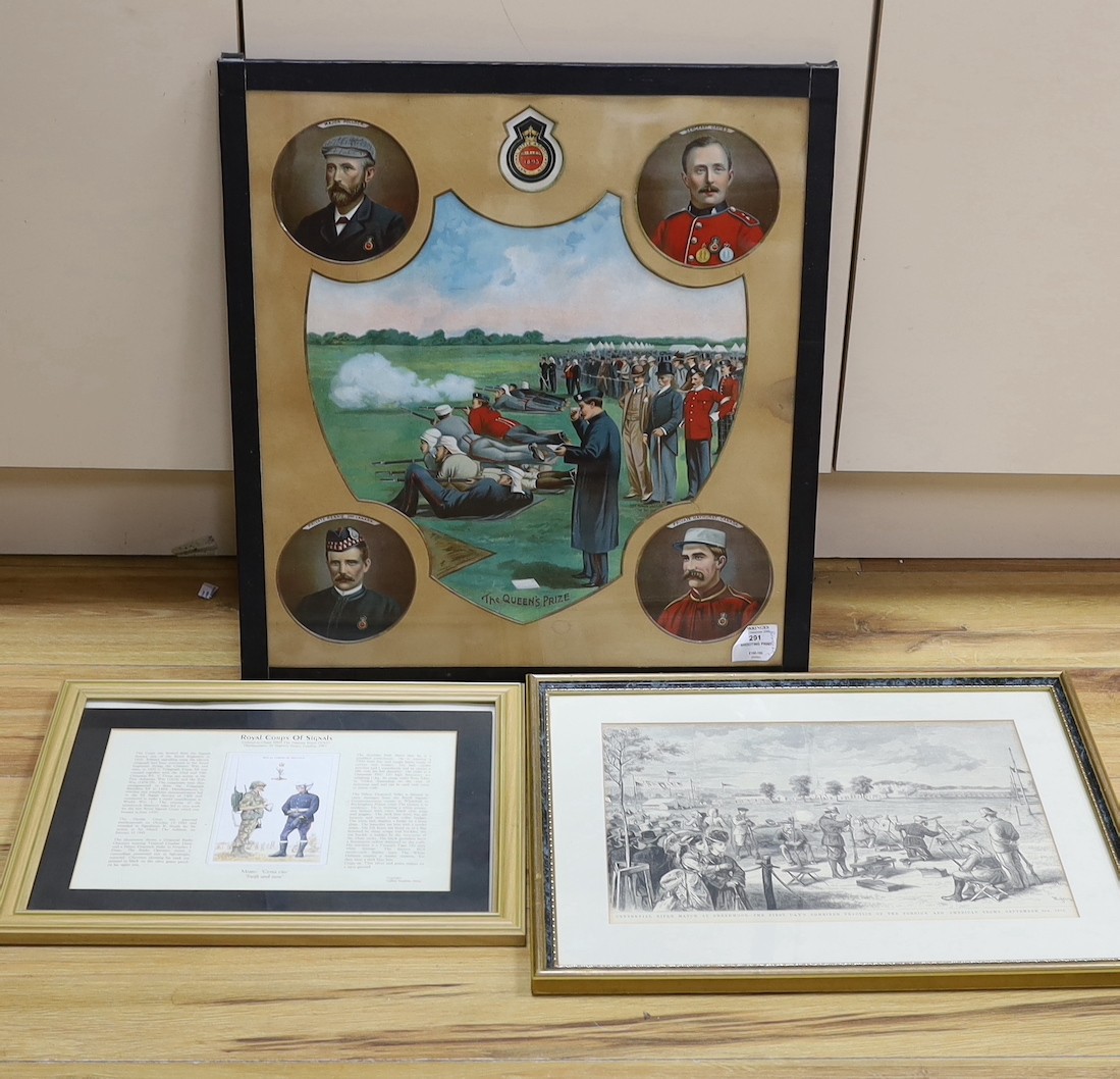 Three framed rifle association prints Including the Queens Prize chromolithograph, Bisley 1895 and 5