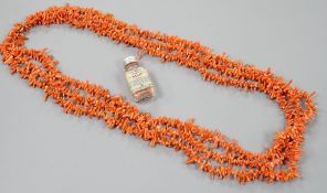 A triple strand branch coral necklace, 86cm, gross weight 141 grams and a small jar of loose