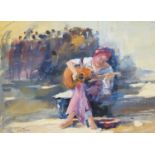 Lorna Murray, gouache on paper, Street musician, signed, 27 x 37cm