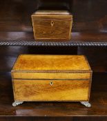 A Victorian flame-veneered tea caddy and another, smaller