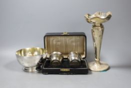 A modern silver sugar bowl, 11.2cm, 6oz a case pair of silver salts and a silver mounted trumpet