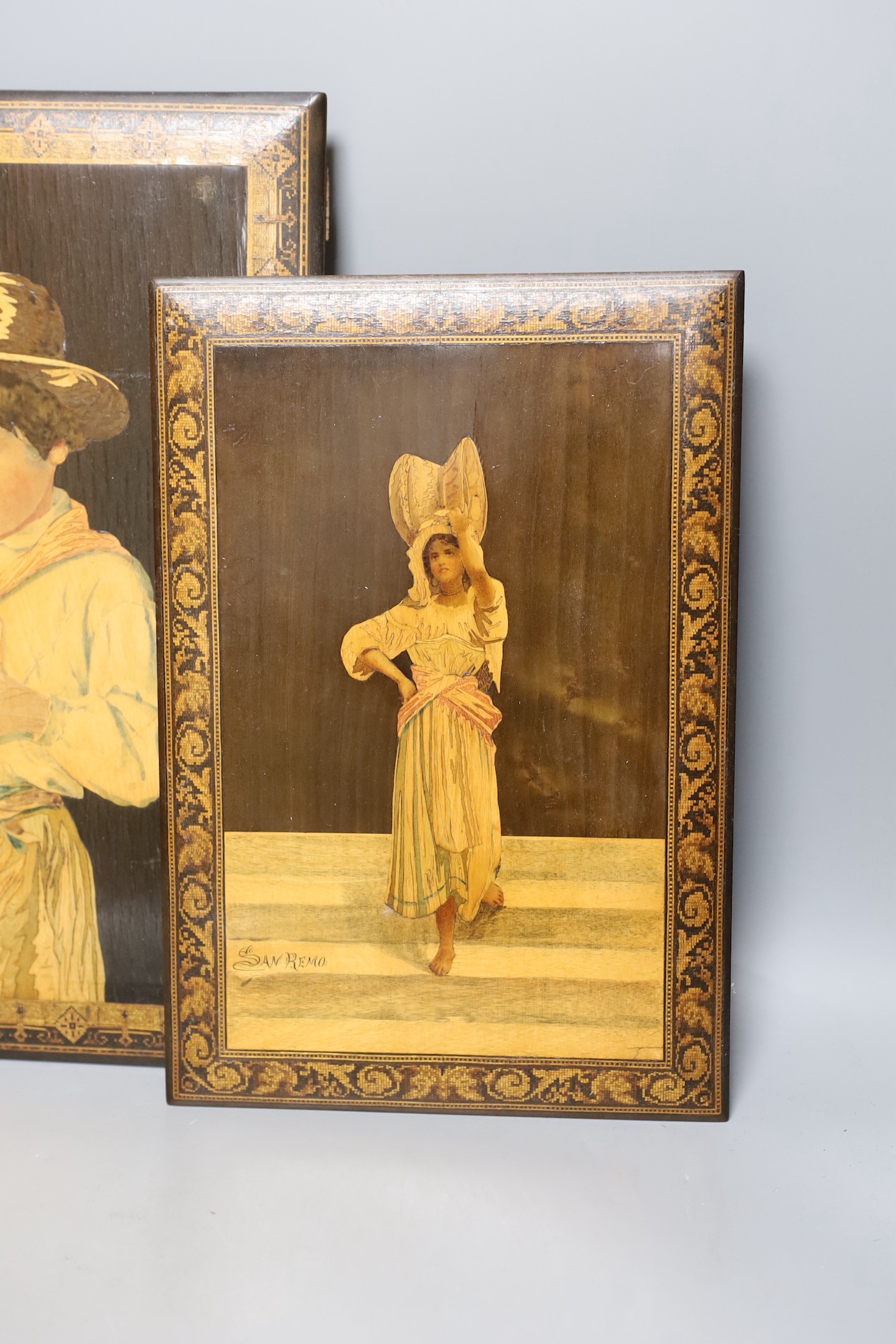 Two 19th century Sorento marquetry panels, both signed, San Remo and Gargiule, largest 38x26cm - Image 2 of 6