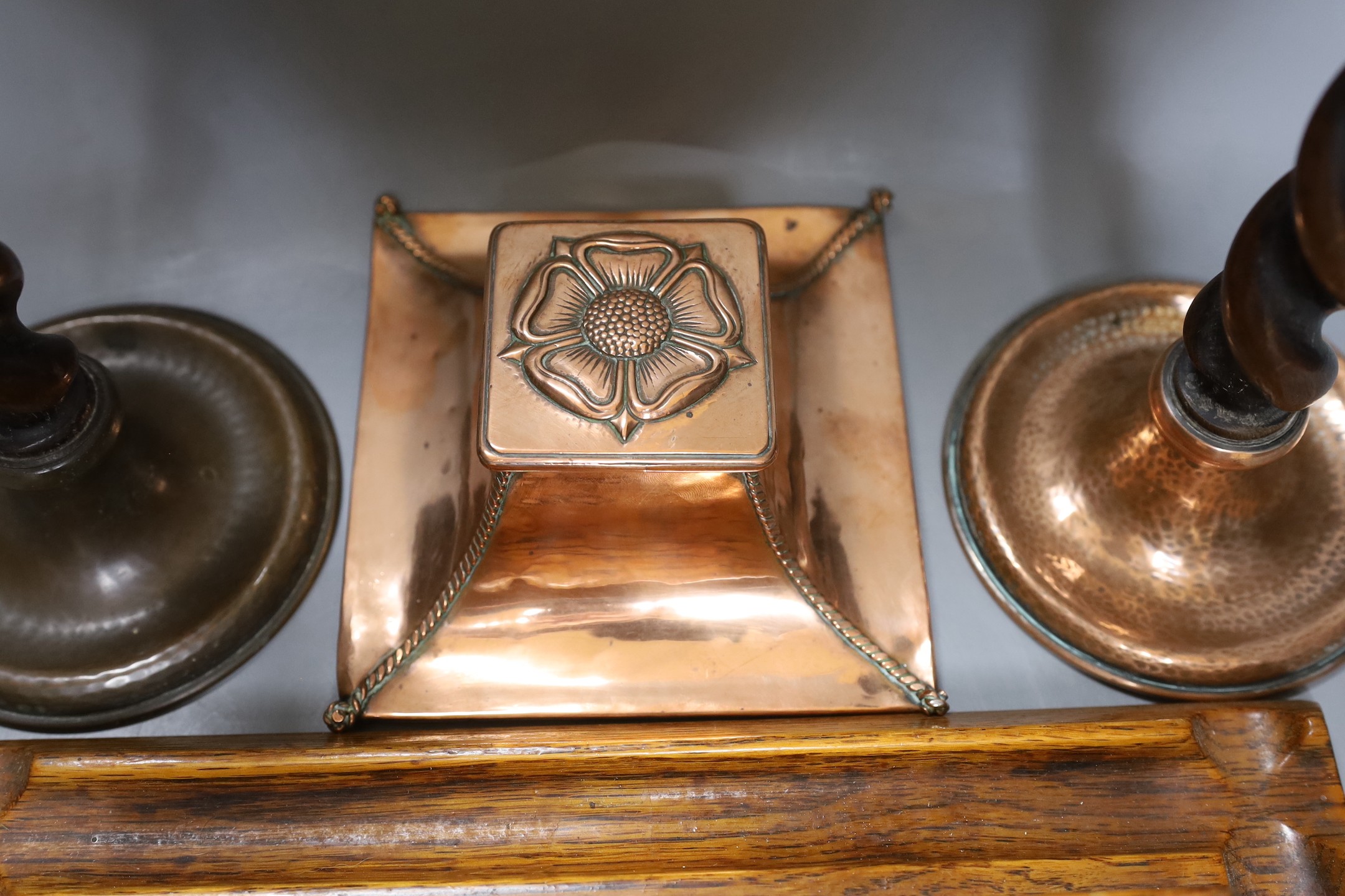 A copper Arts & Crafts inkwell, a pair of A Jones turned candlesticks and an early 20th century - Image 2 of 4