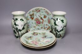 Three Chinese famille rose celadon ground plates and a pair of Japanese celadon ground vases
