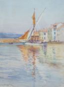 Early 20th century English School, watercolour, Dowh in a mediterannean harbour, 36 x 26cm