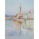 Early 20th century English School, watercolour, Dowh in a mediterannean harbour, 36 x 26cm