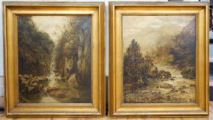 WJJ 1880, pair of oils on canvas, Angler and artist in river landscapes, one monogrammed and
