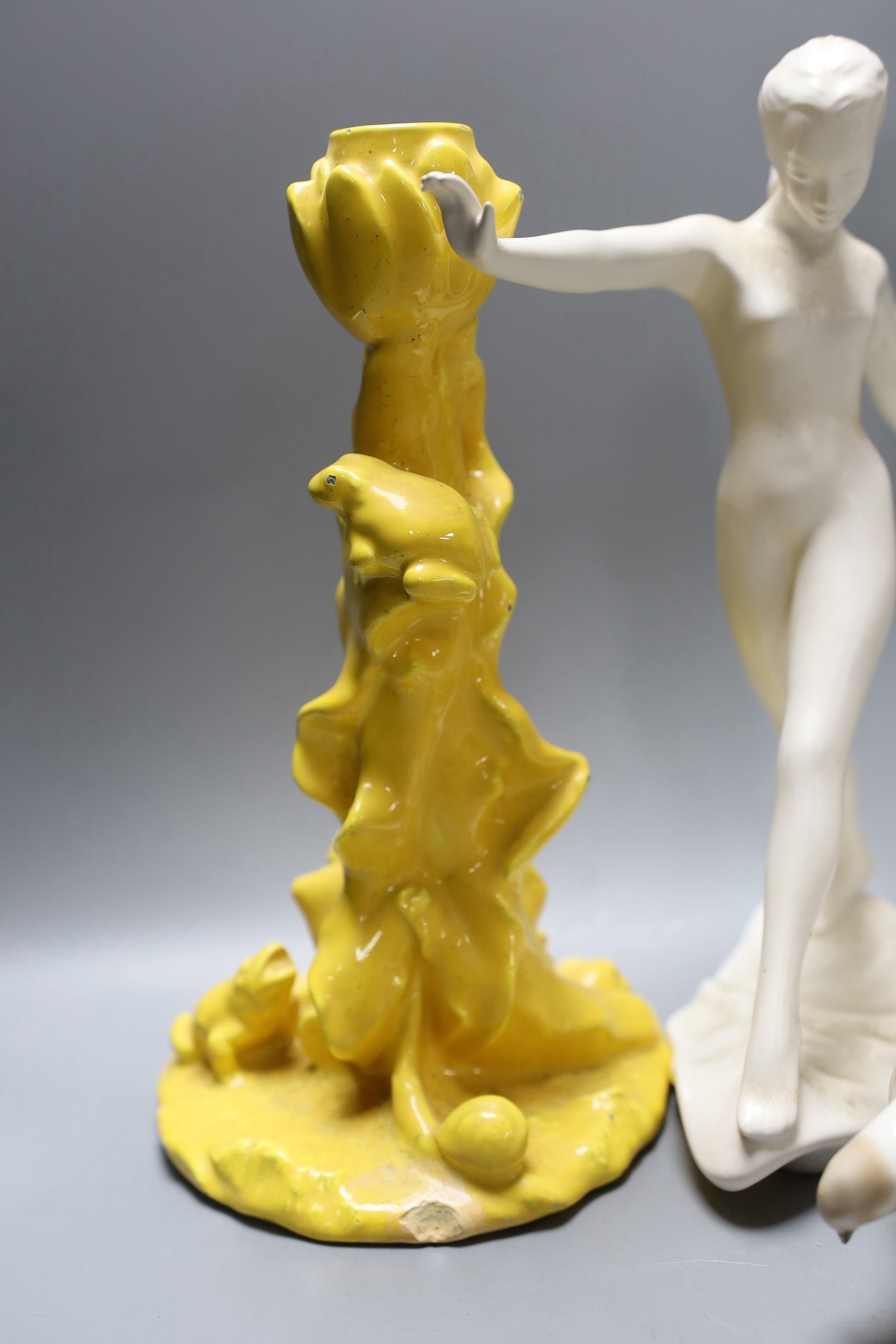 Two Kaiser porcelain figures, a Goebel figure, a pair of yellow glazed candlesticks with frogs and - Image 2 of 5