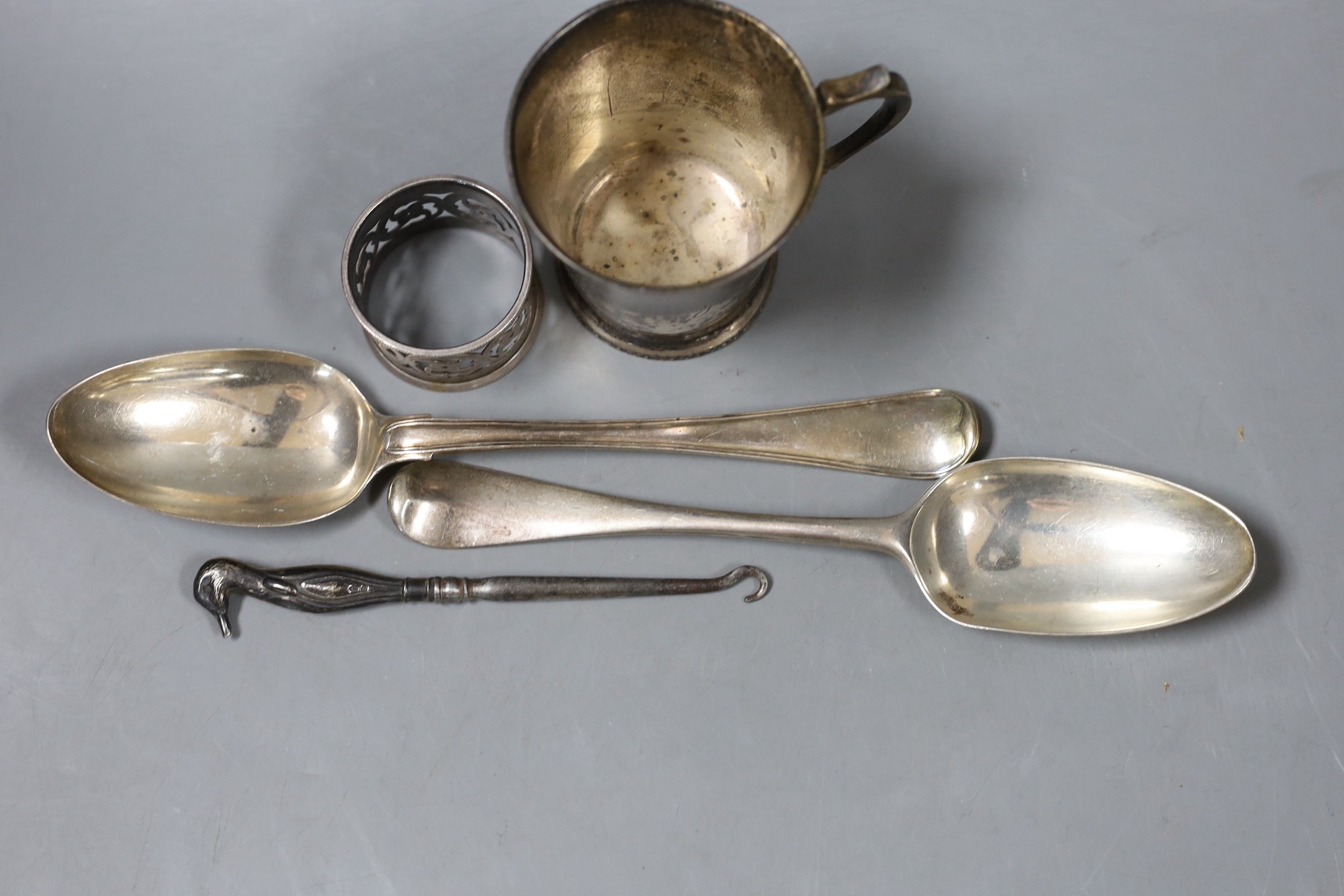 Two 18th century silver spoons, a later silver christening mug, small silver mounted heart shaped - Image 3 of 4