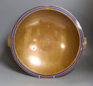 An early 20th century enamelled copper dish, on three ball feet, Tiffany style - 40cm diameter