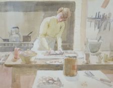 Beatrice Prudence Johnson R.W.S. (1920-1988), watercolour, Woman baking in a kitchen, signed and