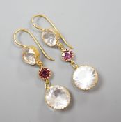 A pair of yellow metal, rock crystal and garnet? set three stone drop earrings, overall 37mm,