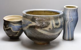 Michael Casson (1925-2003) a studio pottery planter, squat vase and jug,Planter 28 cms diameter.