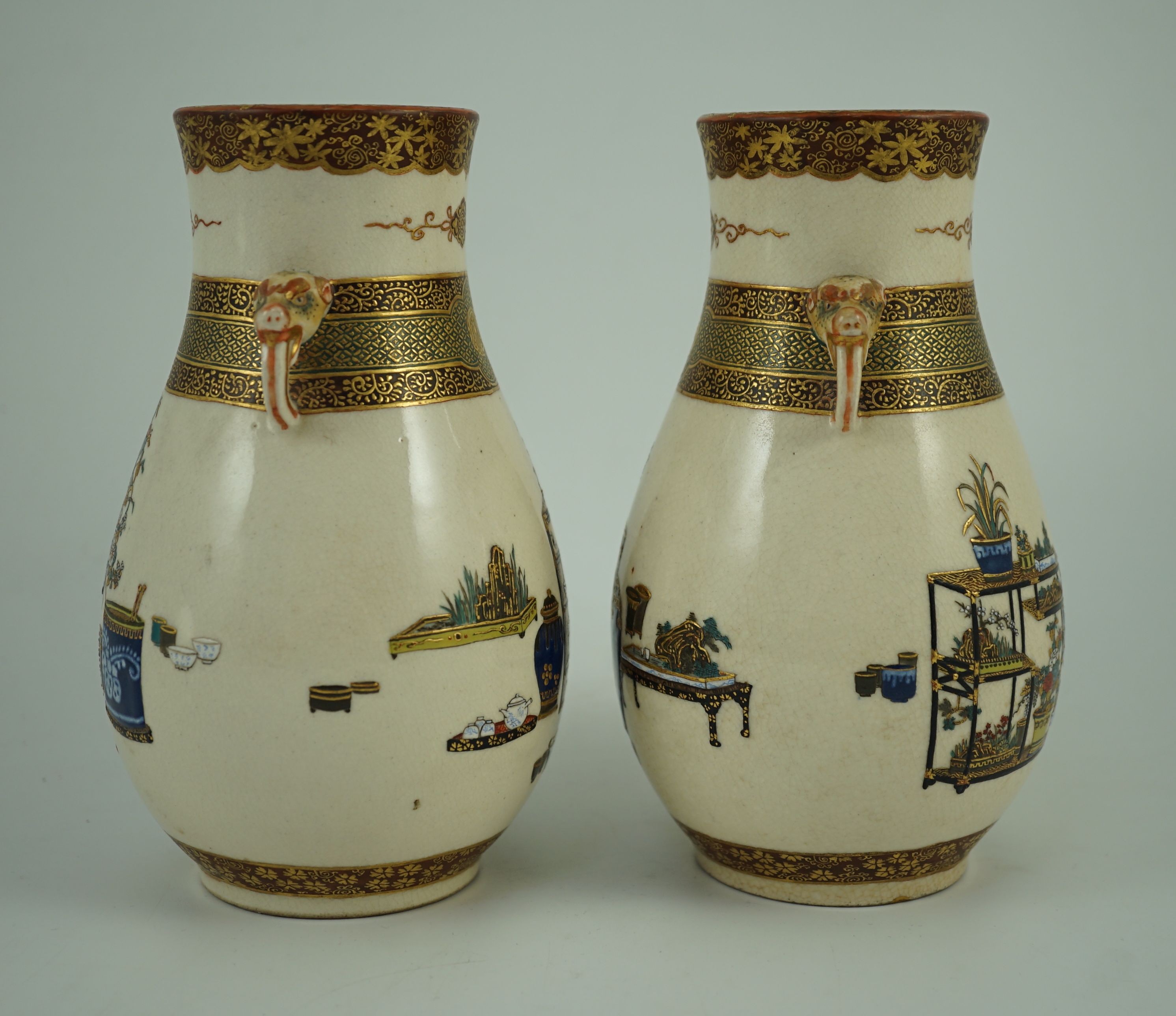 A pair of Japanese Satsuma pottery vases, by Bizan, Meiji period, of pear shape applied with a - Image 15 of 17