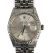 A gentleman's mid 1980's stainless steel Rolex Oyster Perpetual Datejust wrist watch, on a stainless