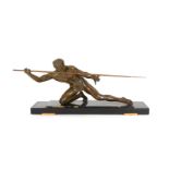 Pierre Joseph Hugonnet. A 1930s French Art Deco bronze model of a spear thrower, kneeling with spear