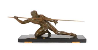 Pierre Joseph Hugonnet. A 1930s French Art Deco bronze model of a spear thrower, kneeling with spear