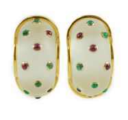 A pair of 20th century 14k gold, rock crystal and cabochon gem set demi-lune earrings, 32mm, gross