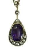 A Victorian gold and silver, amethyst and diamond set teardrop shaped pendant, 24mm, on a fine