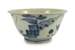 A Chinese Transitional inscribed blue and white bowl, mid 17th century, the exterior painted with