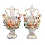 A pair of Potschappel porcelain vases and cover, late 19th century, each flower and fruit