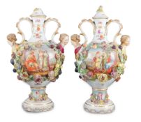 A pair of Potschappel porcelain vases and cover, late 19th century, each flower and fruit