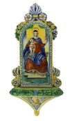A Cantagalli maiolica holy water stoop, late 19th century/early 20th century, The arched back