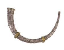 A 19th century Italian white metal hunting horn, with ormolu mounts and flower and mask