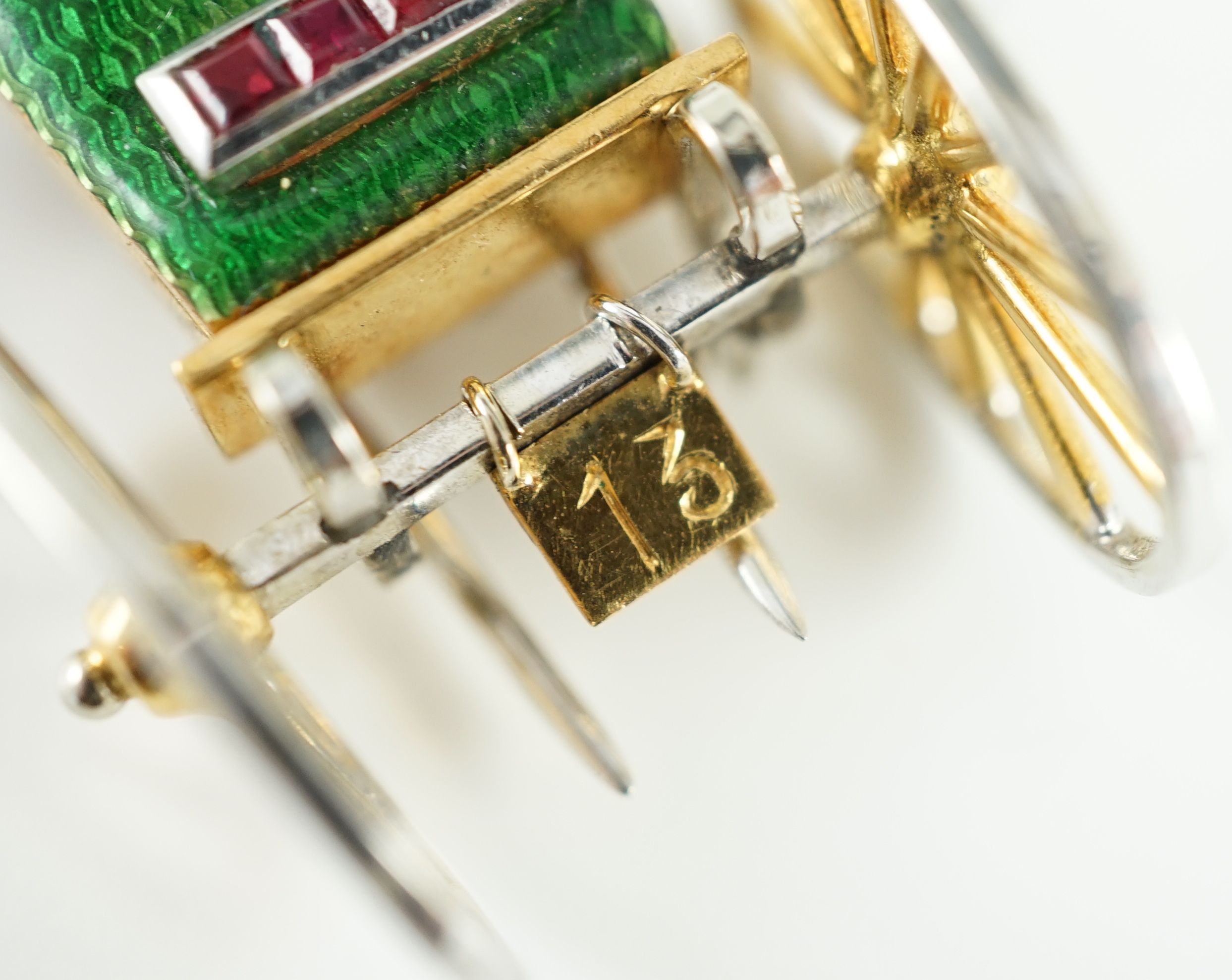 A mid 20th century Italian two colour 18ct gold, green enamel, ruby and diamond set novelty clip - Image 4 of 5