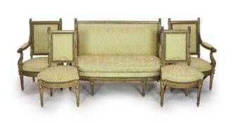 A Louis XVI carved giltwood five piece salon suite, comprising settee, pair of armchairs and pair of