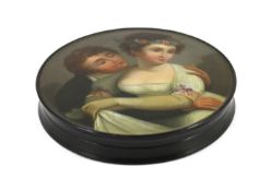 A Stobwasser papier mache snuff box, painted with lovers, signed and numbered 5642, 9.5cmLooks to be